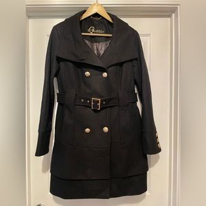 Guess Black Pea Coat with Brass Hardware. Missing button on the back top collar
